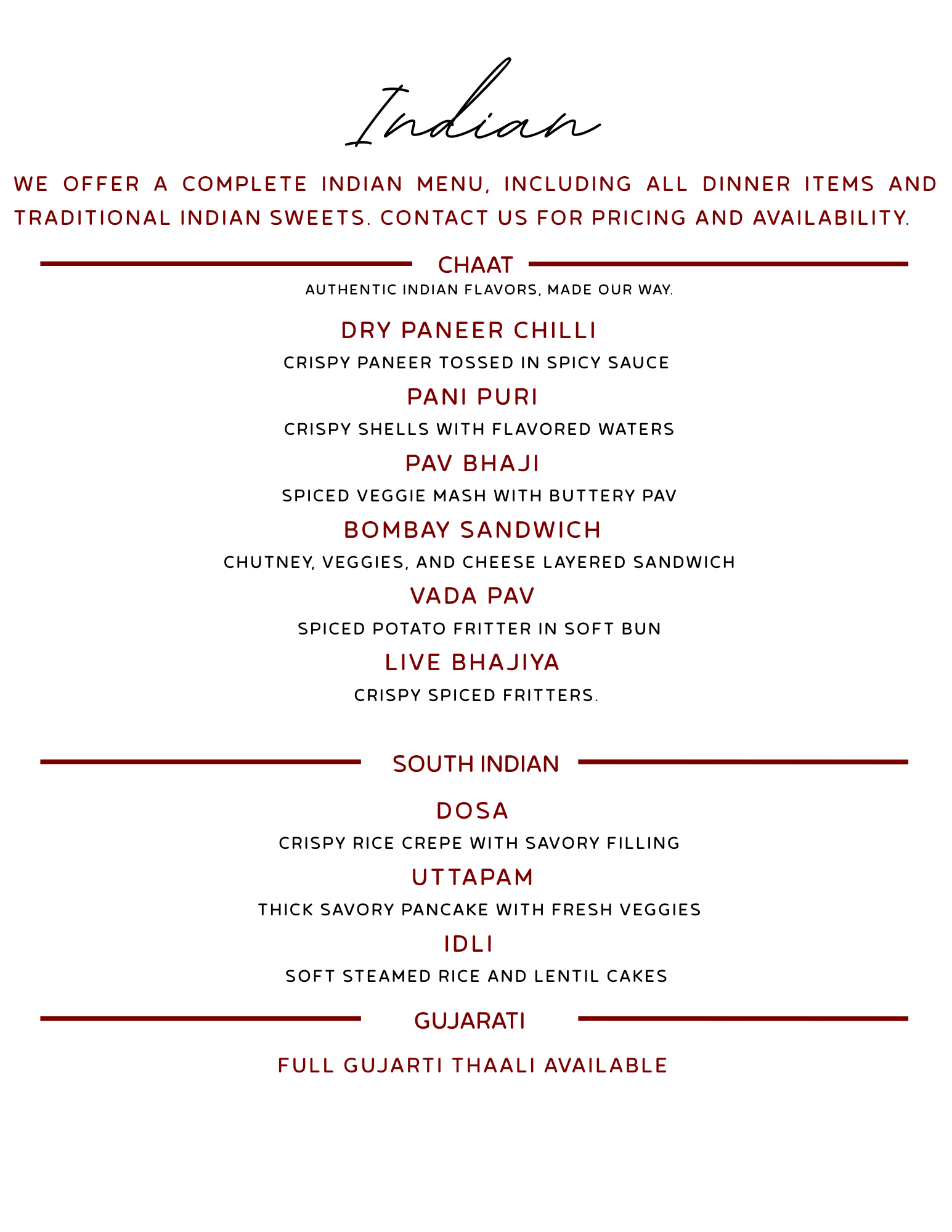 Indian Catering Menu