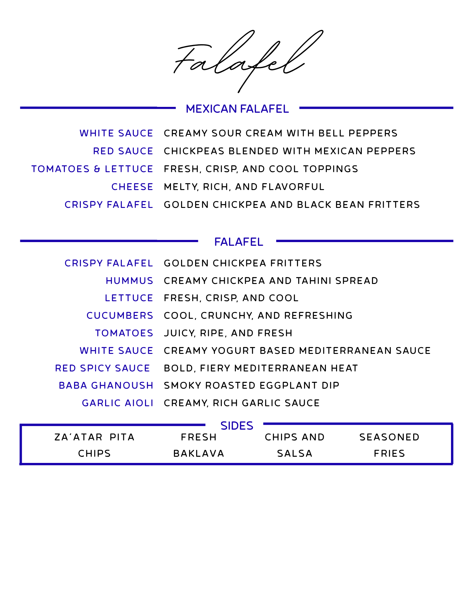 Falafel Catering Menu